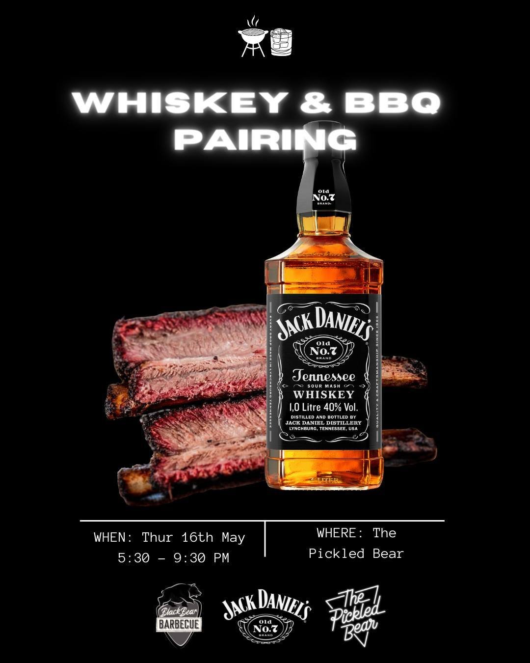 🔥 Whiskey &amp; BBQ🔥 - 16th May
Featuring @BlackBearBBQ

Experience the bold taste of wood smoked, low &amp; slow BBQ with and immersive tasting of Jack Daniel&rsquo;s premium whiskey 🥃🍖
Book a table before there's no more 🤙 ▶️ Link in bio to bo