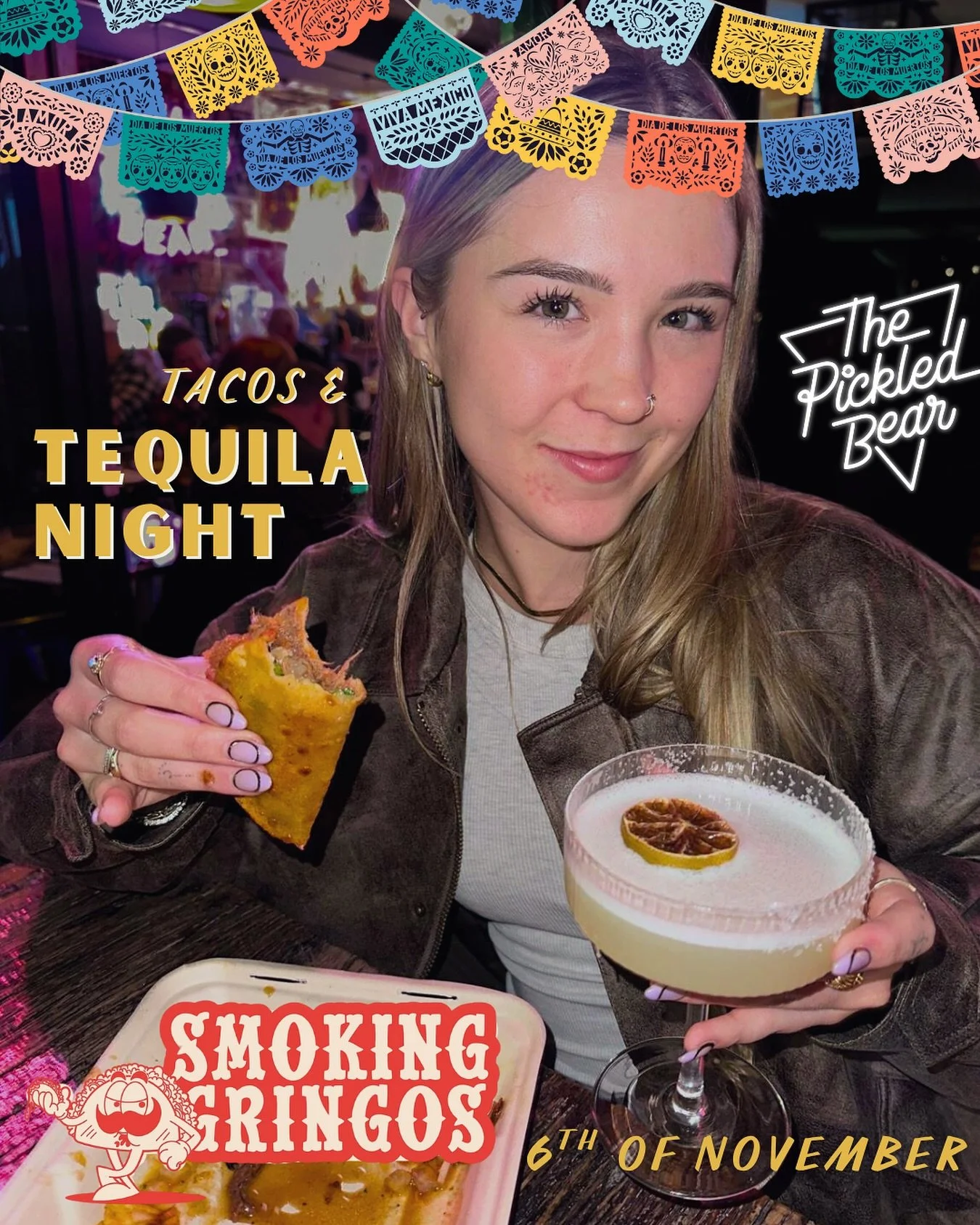 We&rsquo;re sorry we let you down last time, but we&rsquo;re back and ready to make it up to you! 🌮🔥
Join us for Smoking Gringos x Pickled Bear Tacos &amp; Tequila Night!

The legendary Smoking Gringos will be at The Pickled Bear, serving up their 