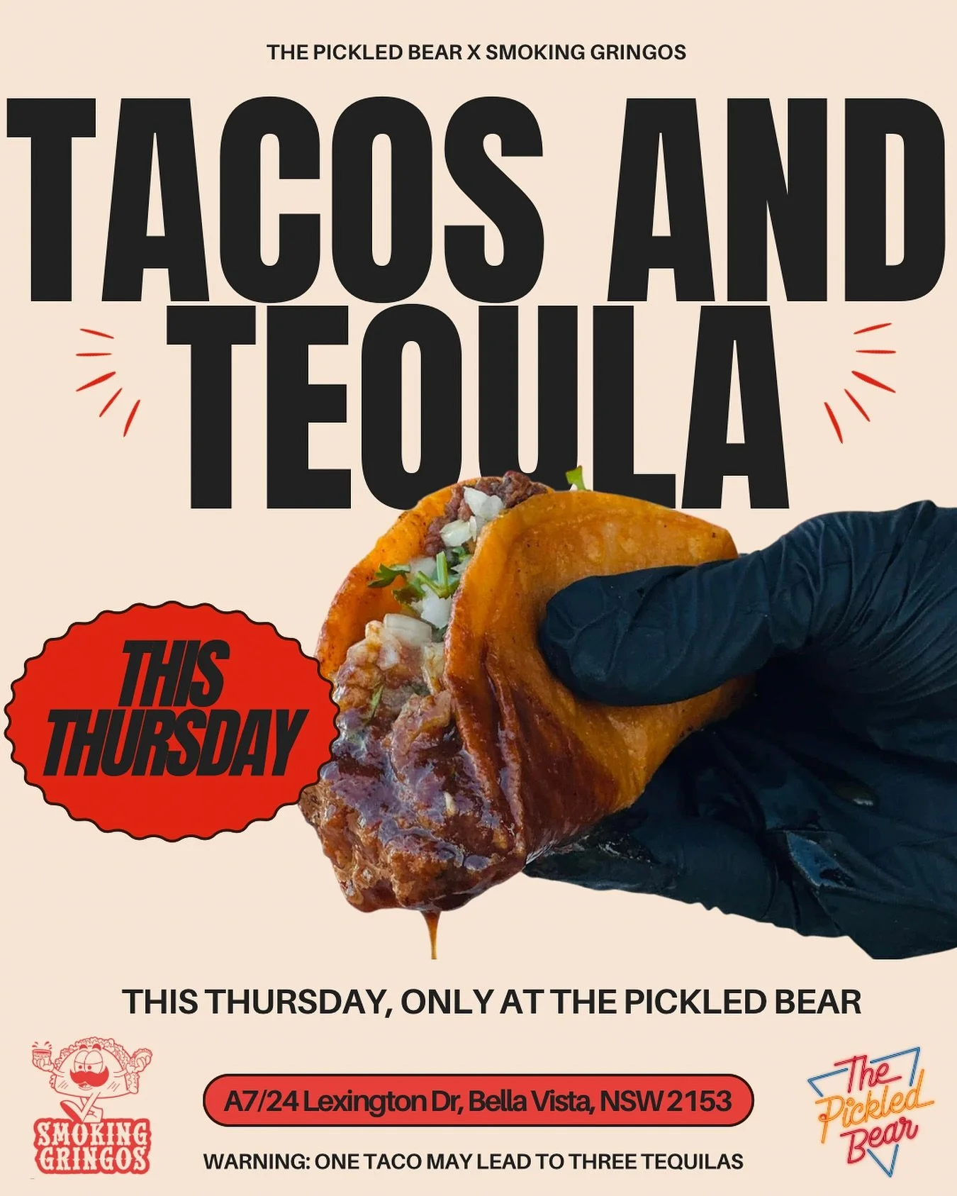 Join us for Smoking Gringos x Pickled Bear Tacos &amp; Tequila Night!

The legendary Smoking Gringos will be at The Pickled Bear, serving up their famous birria tacos (and more mouthwatering bites)! And of course, nothing goes better with tacos than 