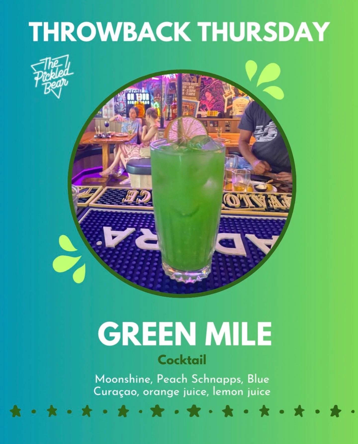 Throwing it back to one of our brightest favourites 💚

The Green Mile, smooth, fruity, and dangerously easy to drink. Moonshine, Peach Schnapps, Blue Cura&ccedil;ao, orange juice &amp; lemon juice shaken to perfection 🍑🍋