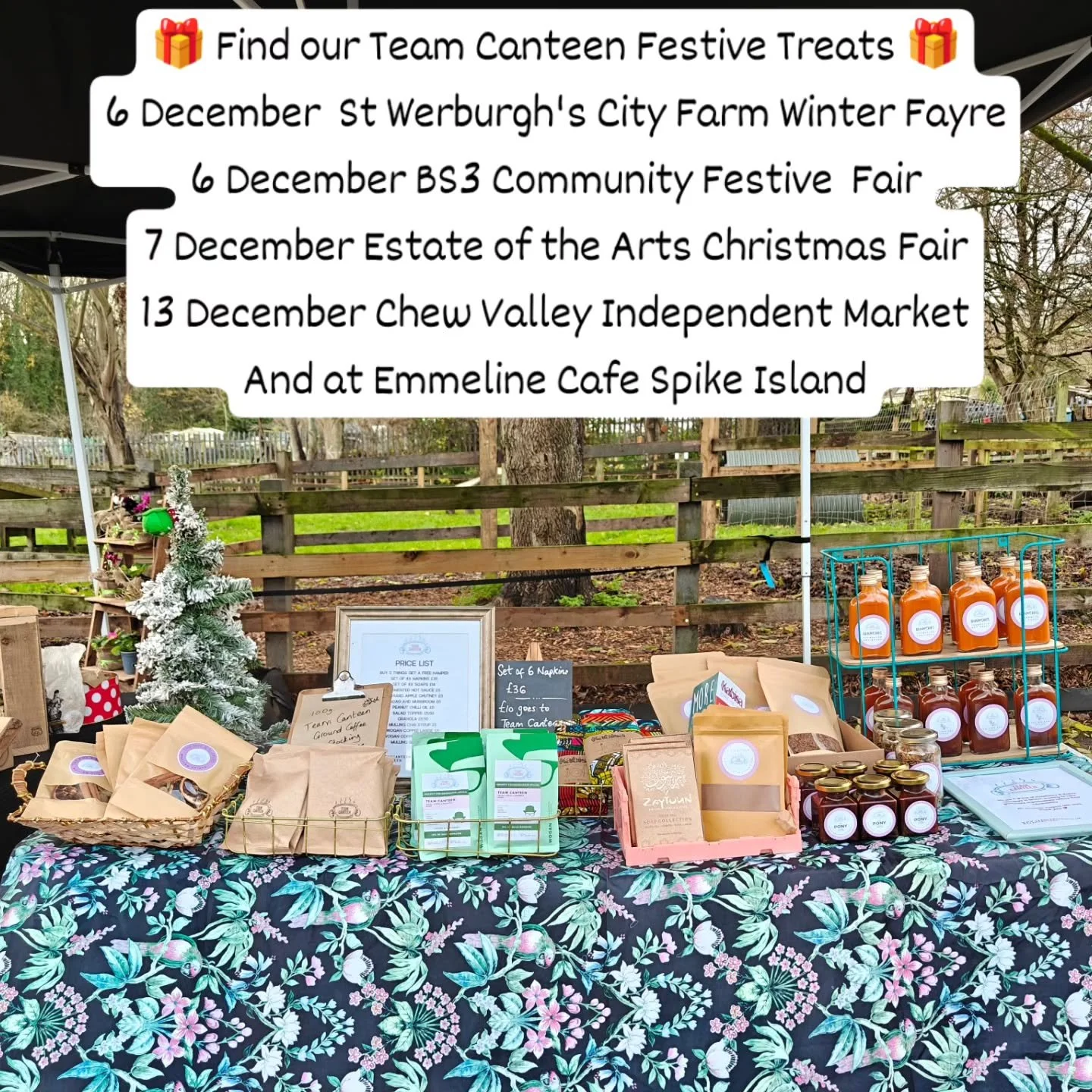 🎁 Find our Team Canteen Festive Treats at
6 December  St Werburgh's City Farm Winter Fayre
6 December BS3 Community Festive  Fair
7 December Estate of the Arts Christmas Fair
13 December Chew Valley Independent Market
Or at Emmeline Cafe Spike Islan