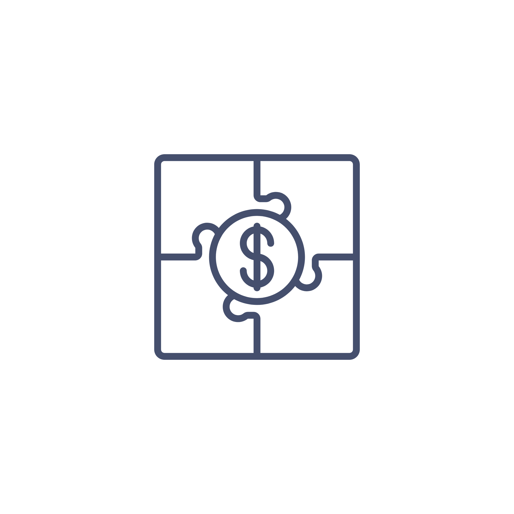 Illustration of a paper money bill with a dollar sign, surrounded by four smaller bills.