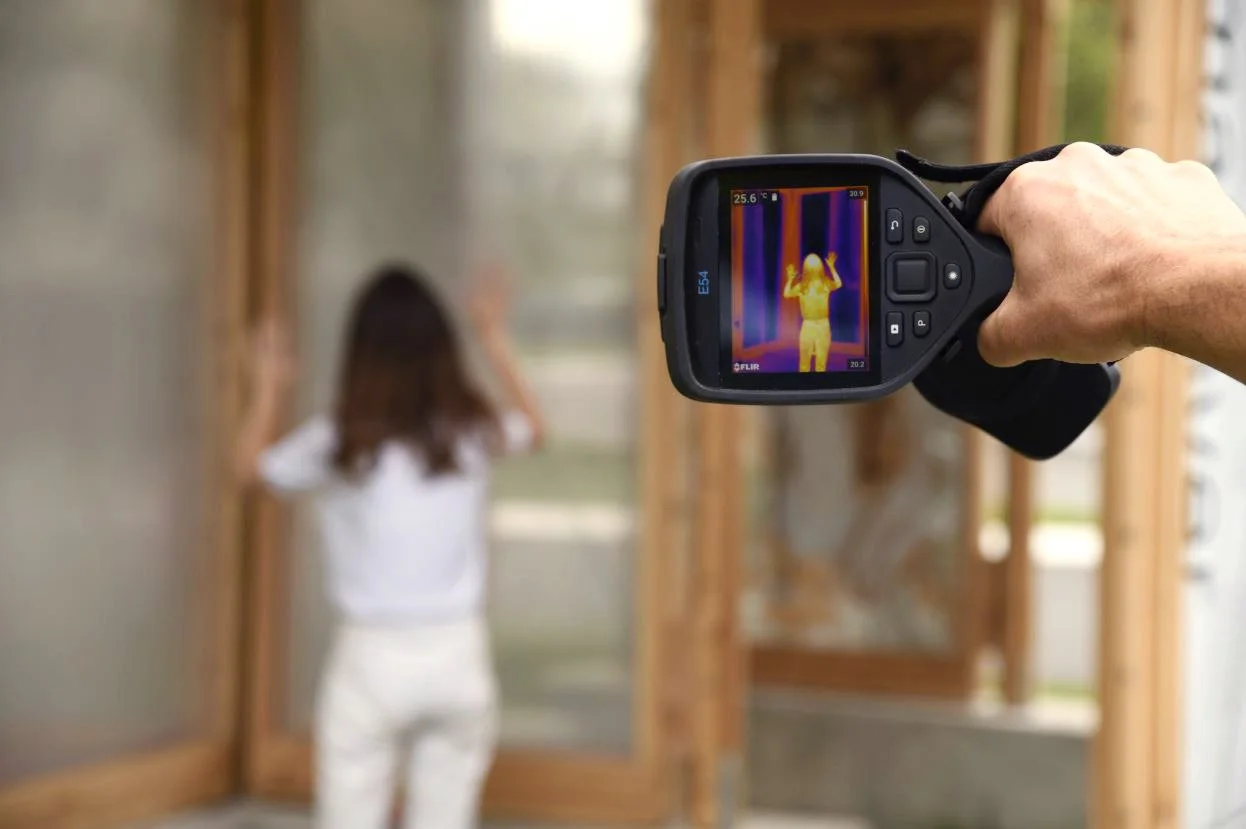 Translucent panels faced by a person, and thermal image of the cold panels and hot skin of the person