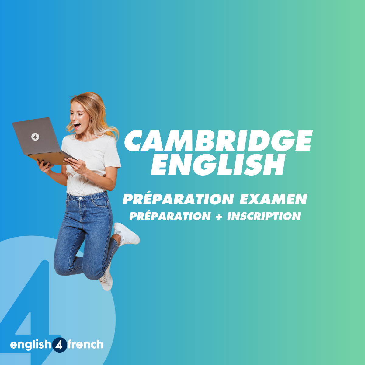 Une jeune femme souriante, sautant avec un ordinateur portable, promotion pour une préparation à l'examen d'anglais de Cambridge avec inscription.