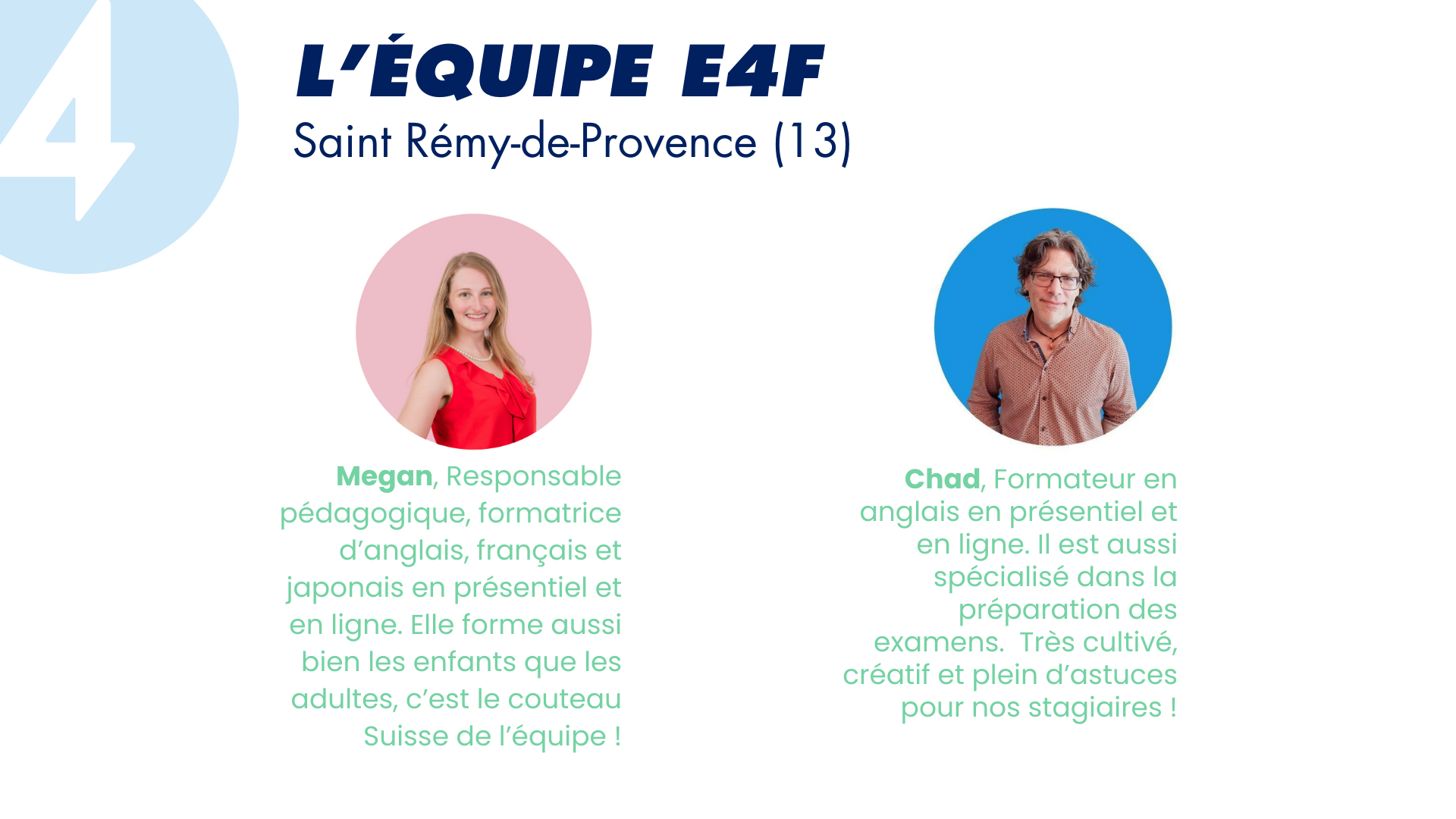 Présentation de l'équipe E4F de Saint Rémy-de-Provence, comprenant Megan, responsable pédagogique, et Chad, formateur en anglais, avec leurs descriptions respectives.