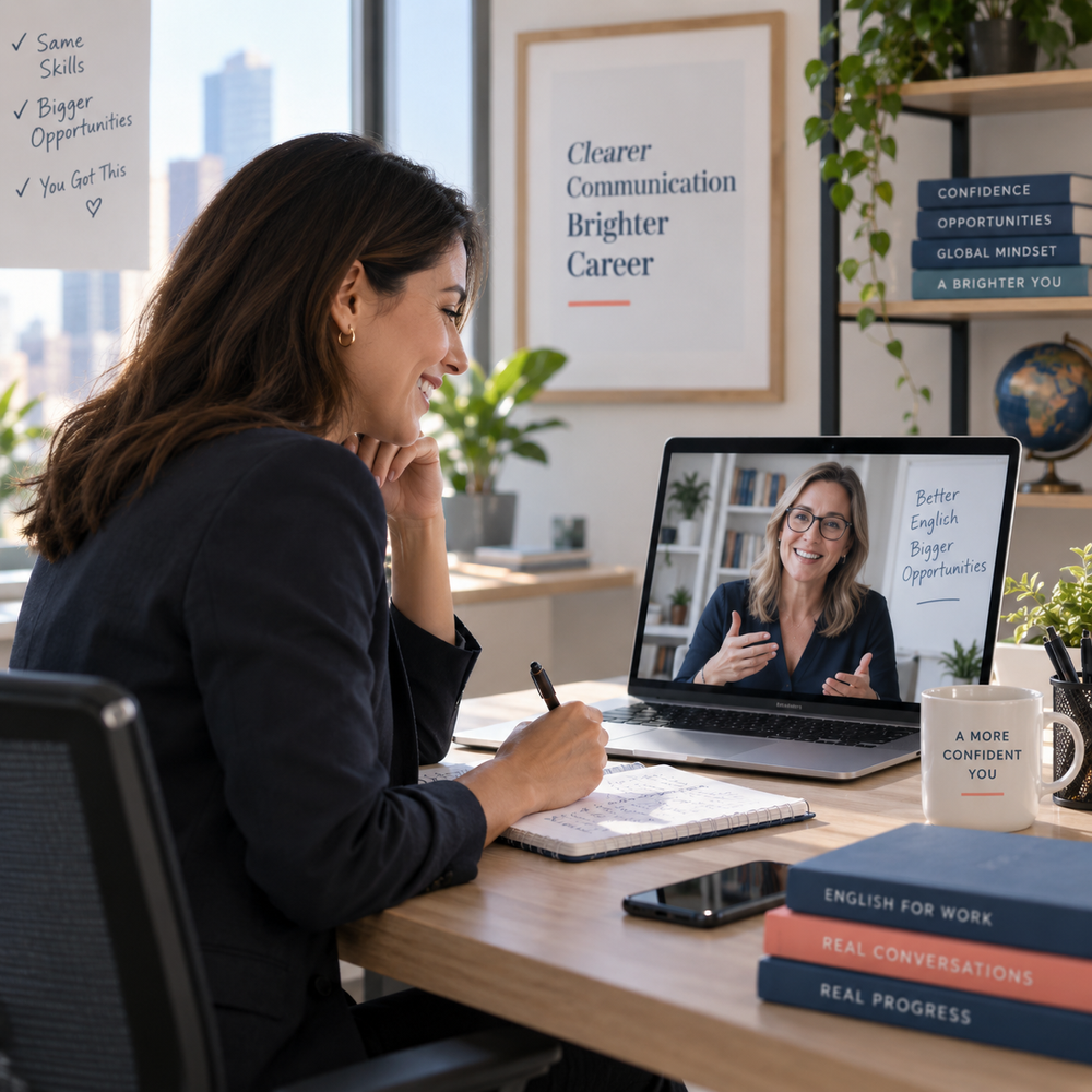 Une professionnelle pratique l’anglais en visioconférence avec une formatrice.