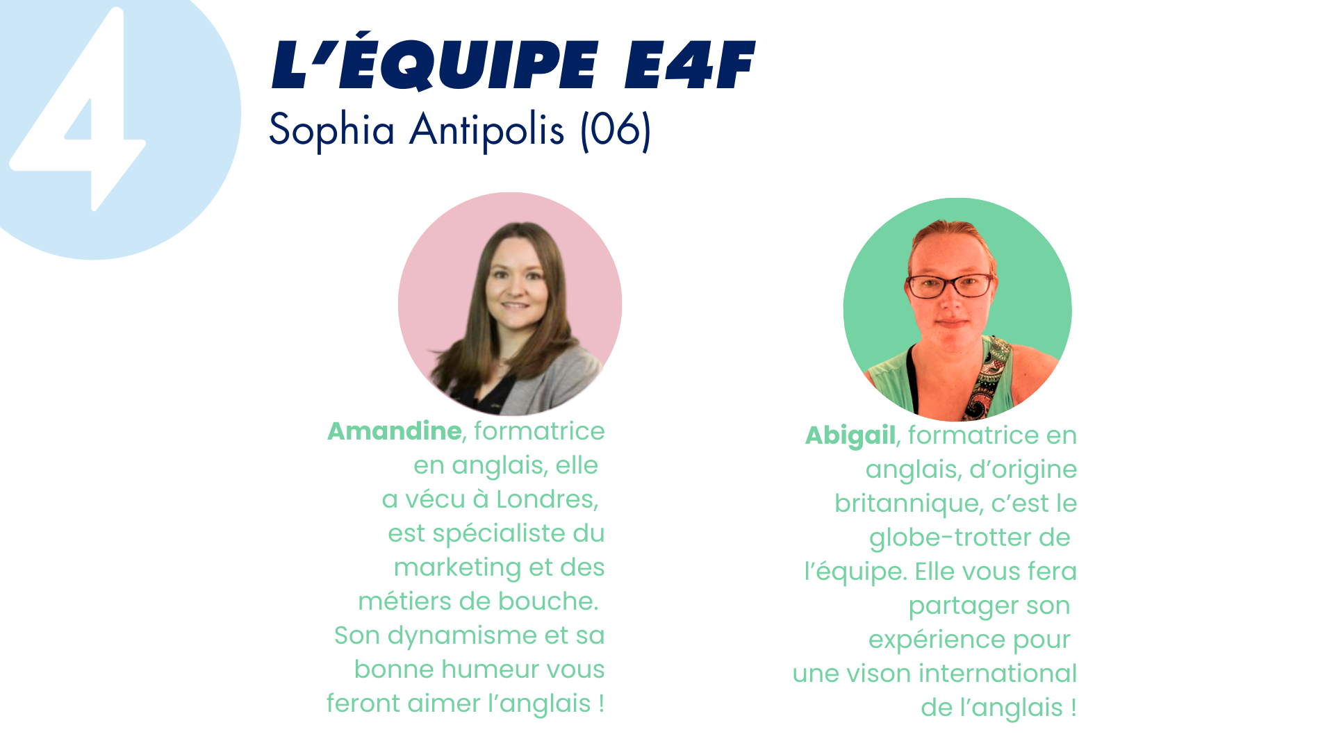 Informations sur l'équipe E4F, avec photos et descriptions de Amandine, formatrice en anglais, lauréate de Londres, et Abigail, formatrice en anglais d'origine britannique, globe-trotter.