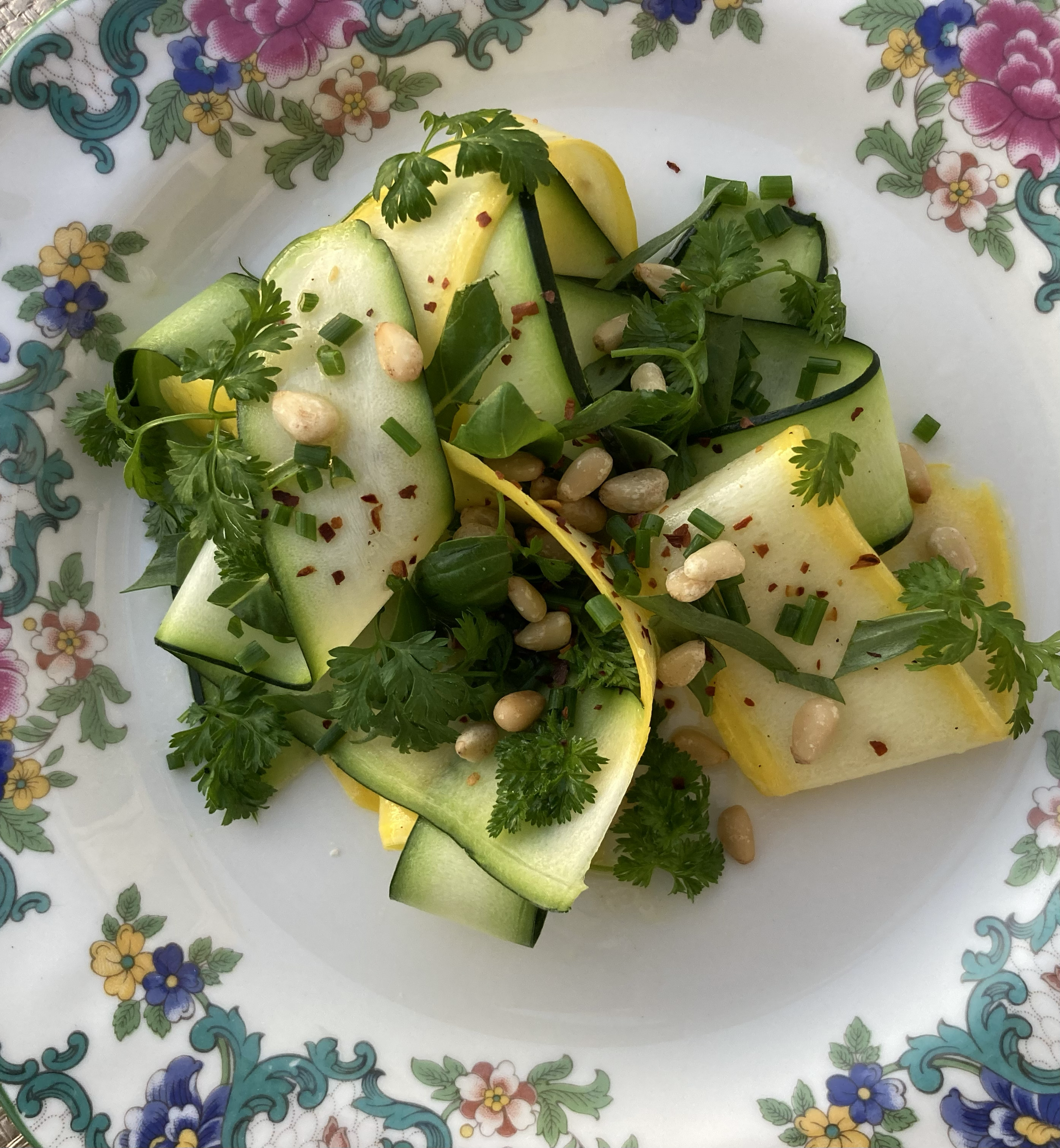 shaved summer squash pine nuts and herbs