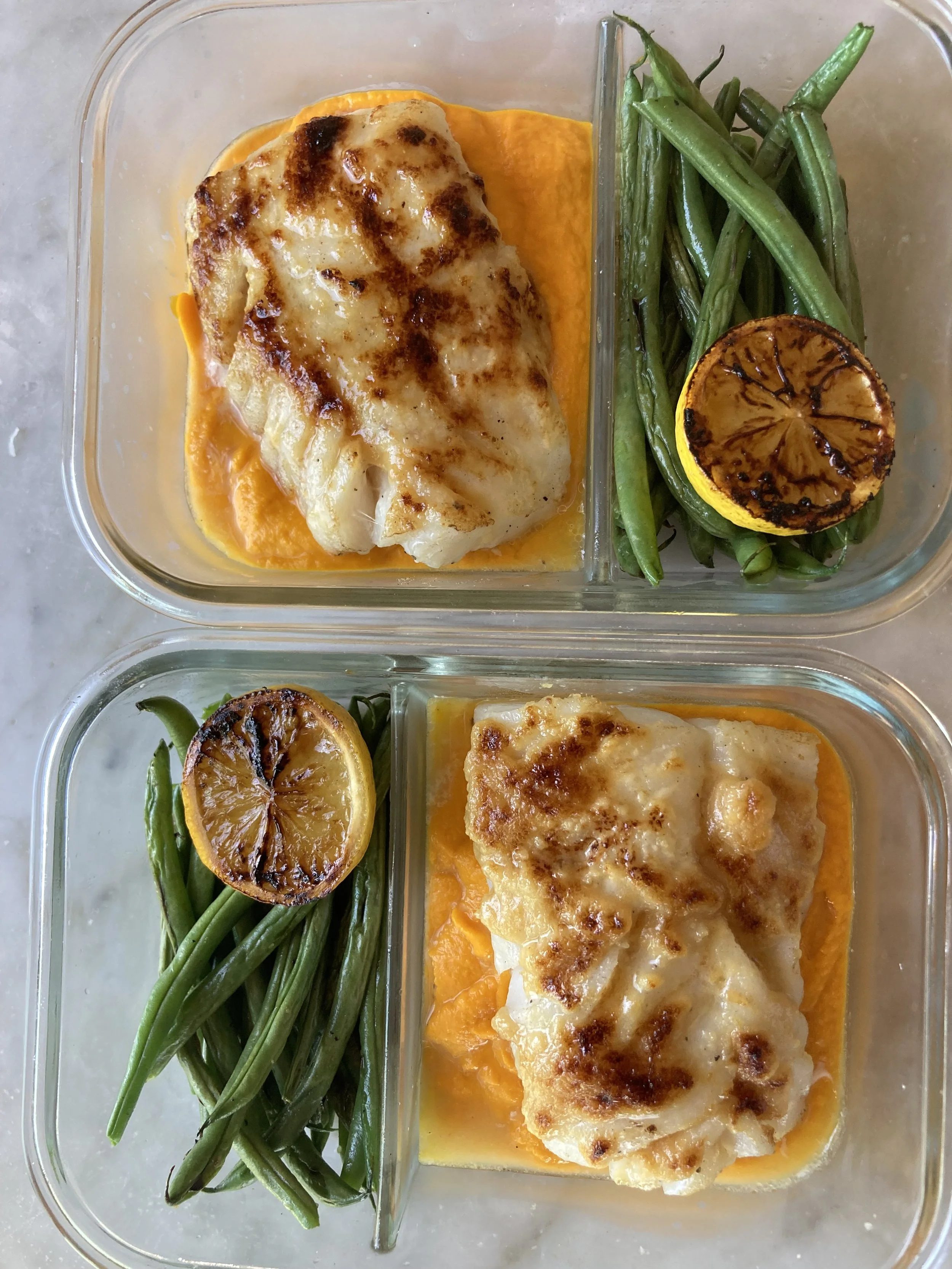 Pacific cod with miso butter over carrot puree with green beans