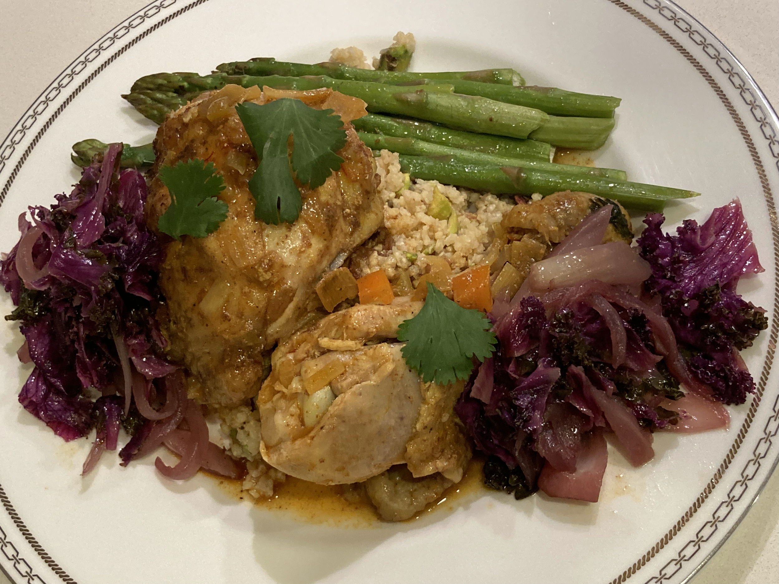 chicken braised in white wine with Moroccan flavors, heirloom cabbage, asparagus (gf + low sodium)
