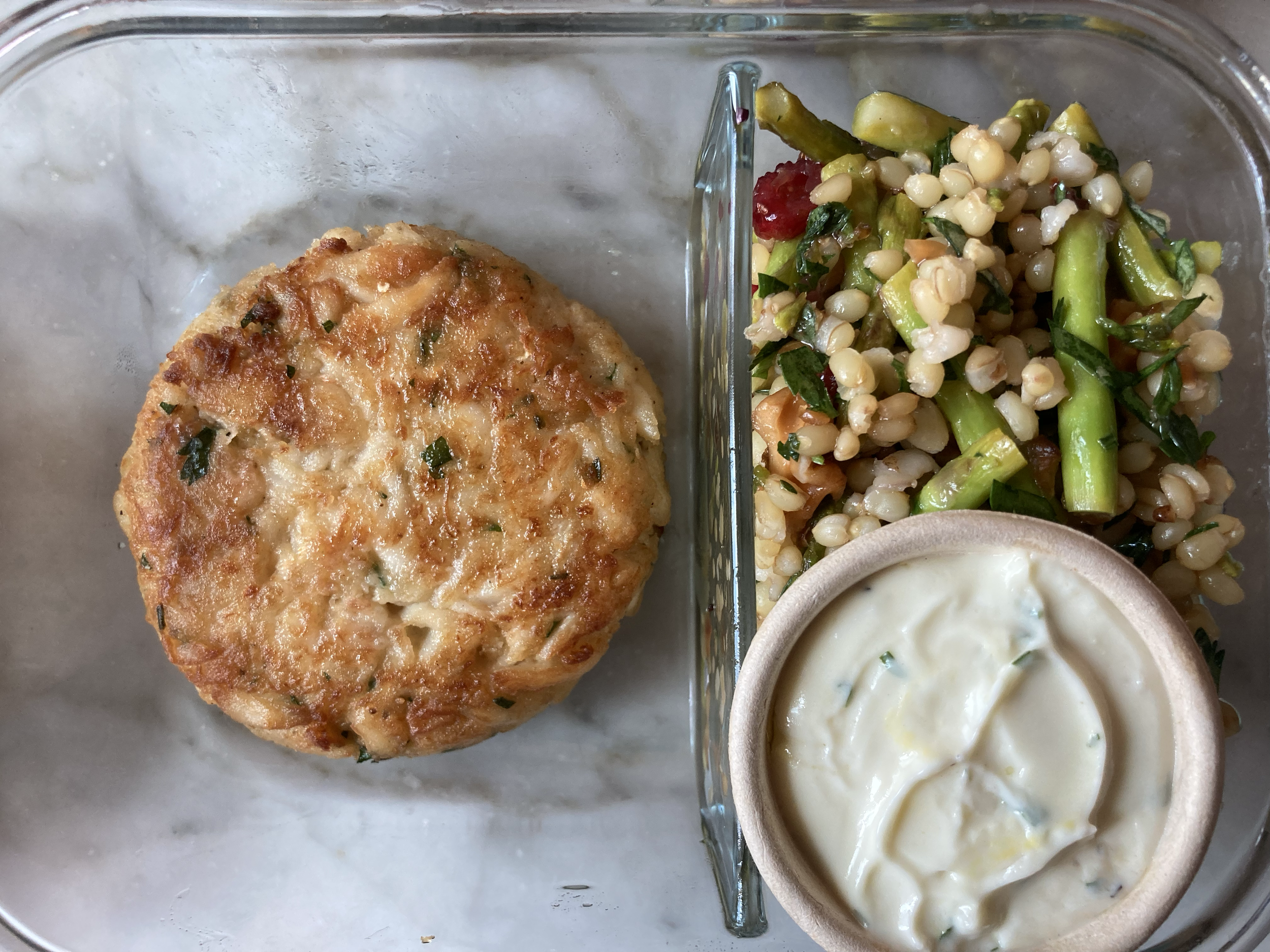 crab cake with wheat berry cranberry and asparagus salad 