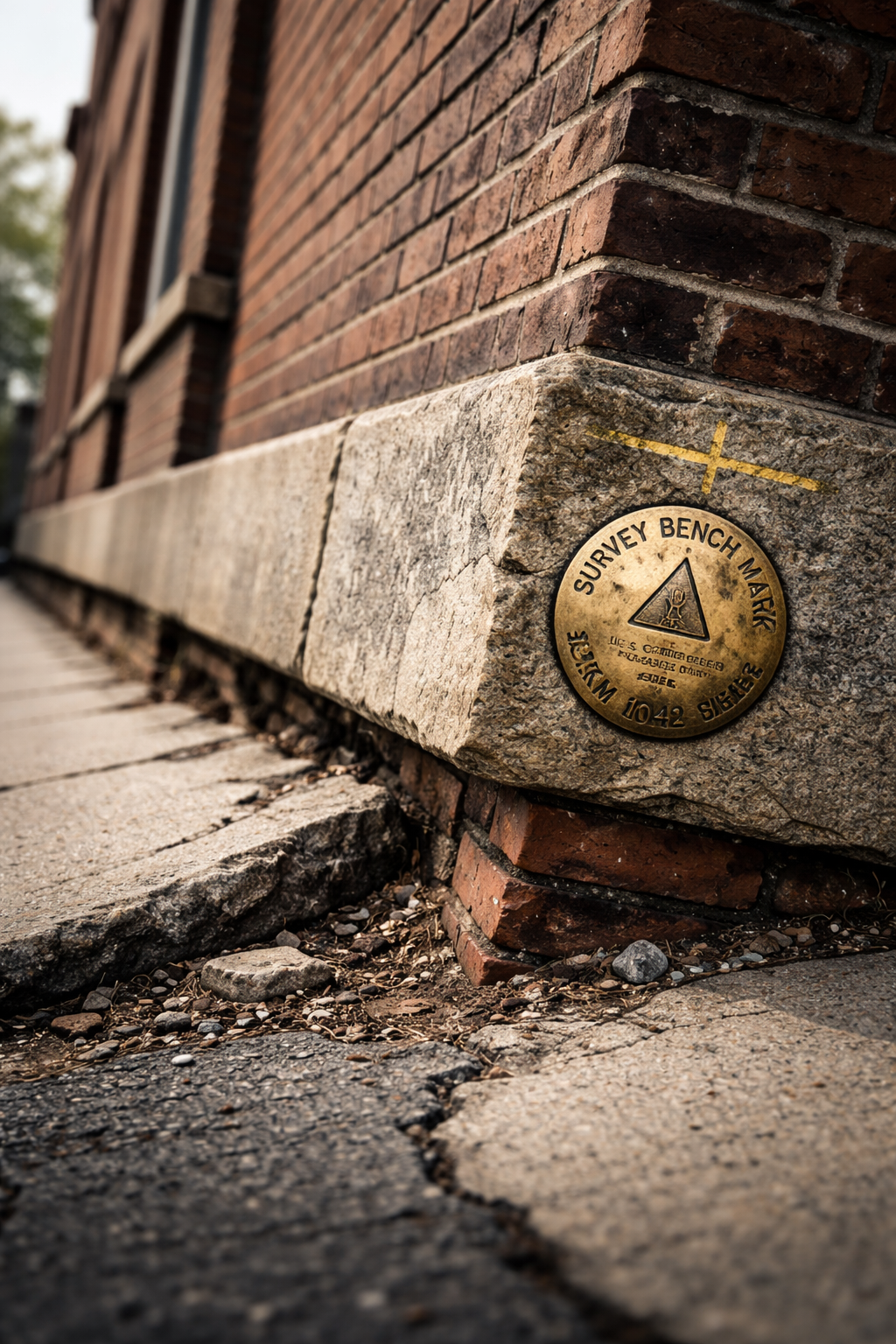 Sunken brick building and survey marker
