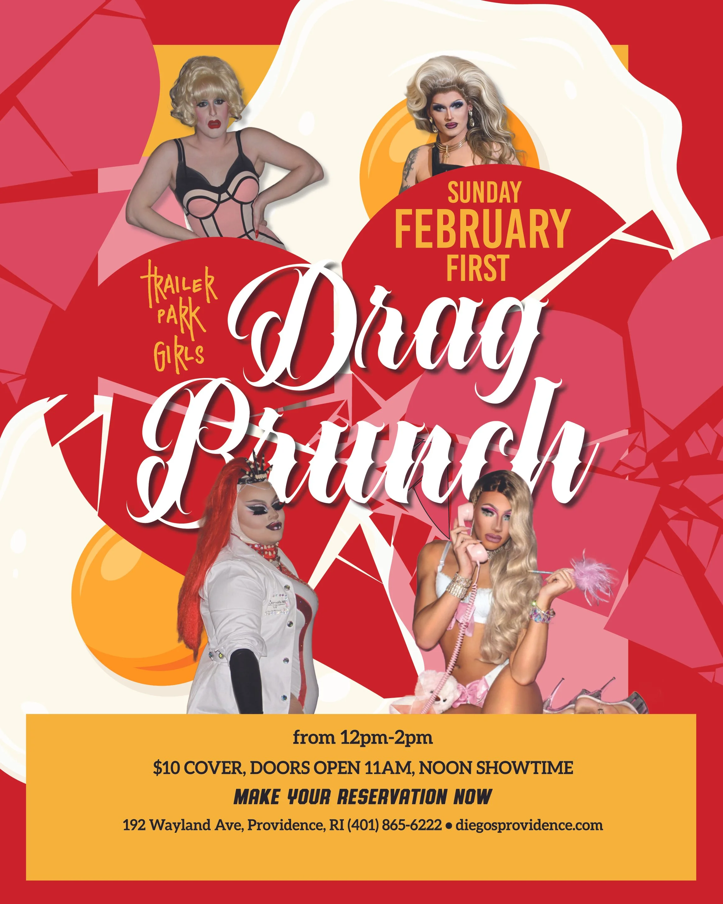 Event poster for a drag brunch on Sunday, February 1st, featuring four drag queens in colorful costumes, with information about the event's time, cover charge, location, and reservation details.