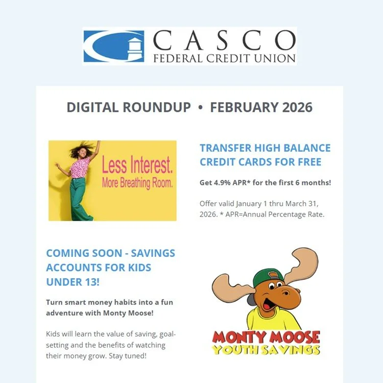 Thumbail of newsletter with add for transfer high balace credit card and coming soon, savings accounts for kids under age 13