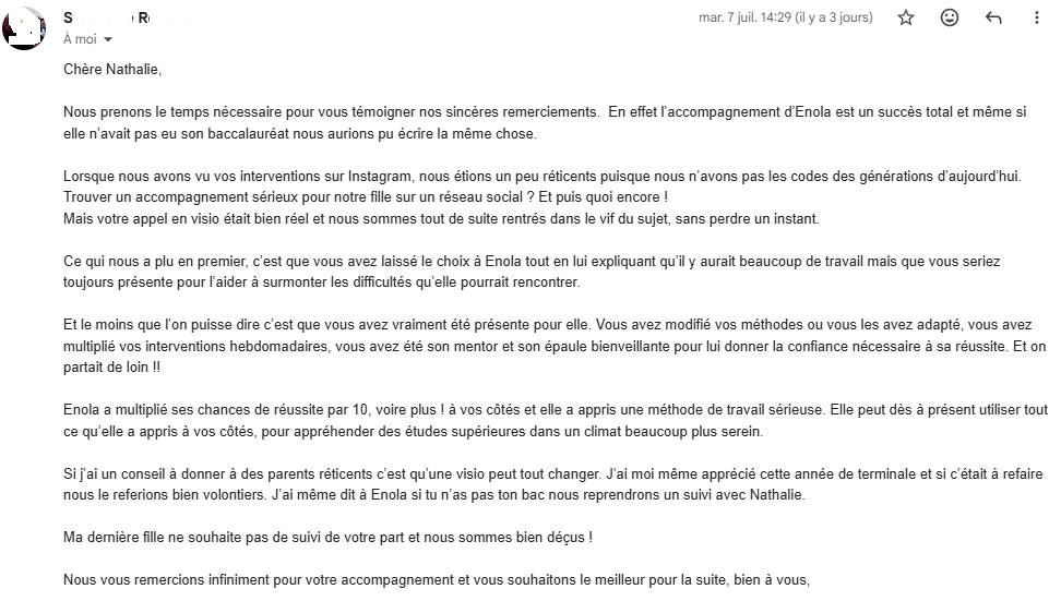 Témoignage d’un parent sur l’accompagnement scolaire, le soutien et les progrès obtenus avec Nathalie Mougel.