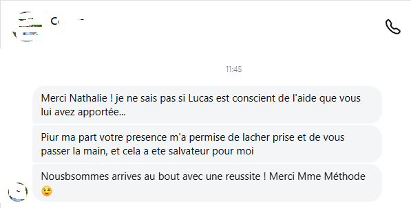 Message de parent témoignant de l’aide apportée à son enfant grâce à l’accompagnement scolaire.