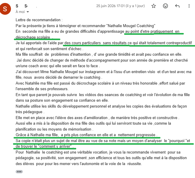 Témoignage d’une maman recommandant l’accompagnement de Nathalie Mougel pour sa fille en difficulté scolaire.