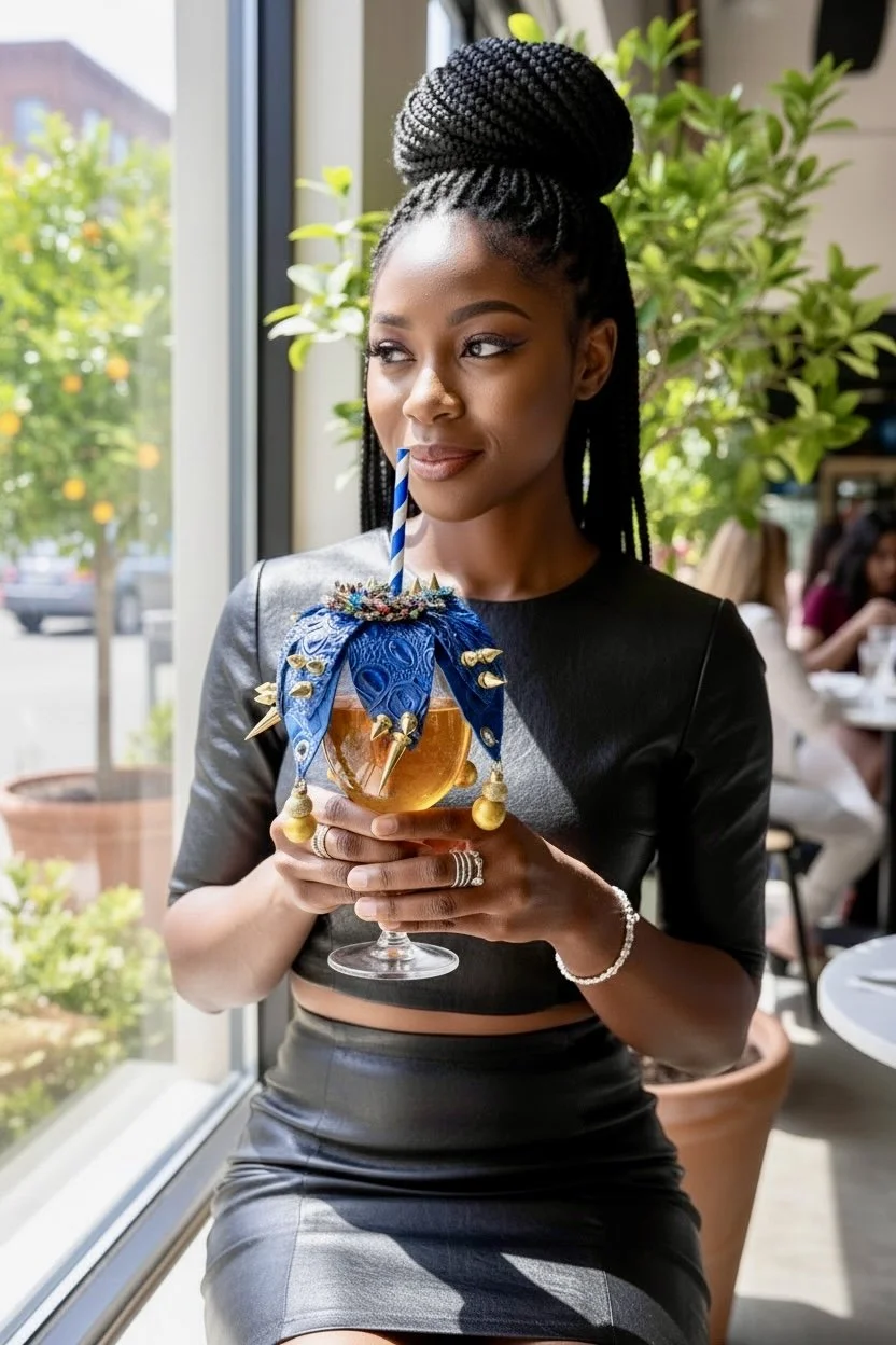 A woman with braided hair styled in an updo is sitting by a window in a brightly lit room, holding a large cocktail glass with a yellow beverage and a striped blue and white straw. She is wearing a black faux leather top and a matching skirt, along w