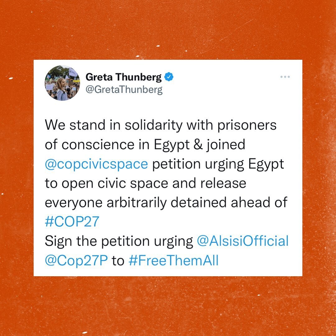 Thank you @gretathunberg @mitzijonelle and @can.international for your solidarity with thousands of arbitrarily detained prisoners in #Egypt and their families, like Alaa and his sisters Sanaa and Mona.

No Climate Justice without Human Rights and op