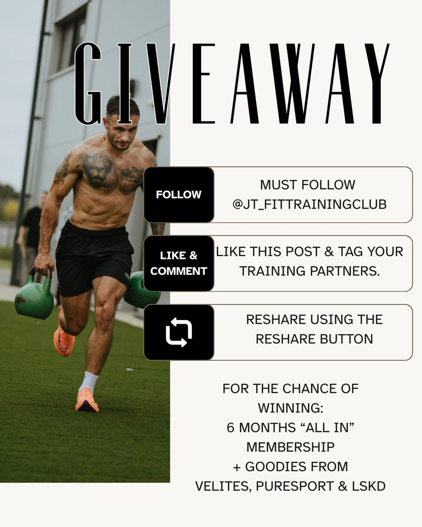 🎅🏼CHRISTMAS GIVEAWAY🎅🏼

We&rsquo;re giving one winner a 6-month All In membership, plus goodies from Velites, Puresport and LSKD.

We&rsquo;ll also be selecting two runners-up to receive 1 free month.

To enter:
1️⃣ Follow @jt_fittrainingclub
2️⃣
