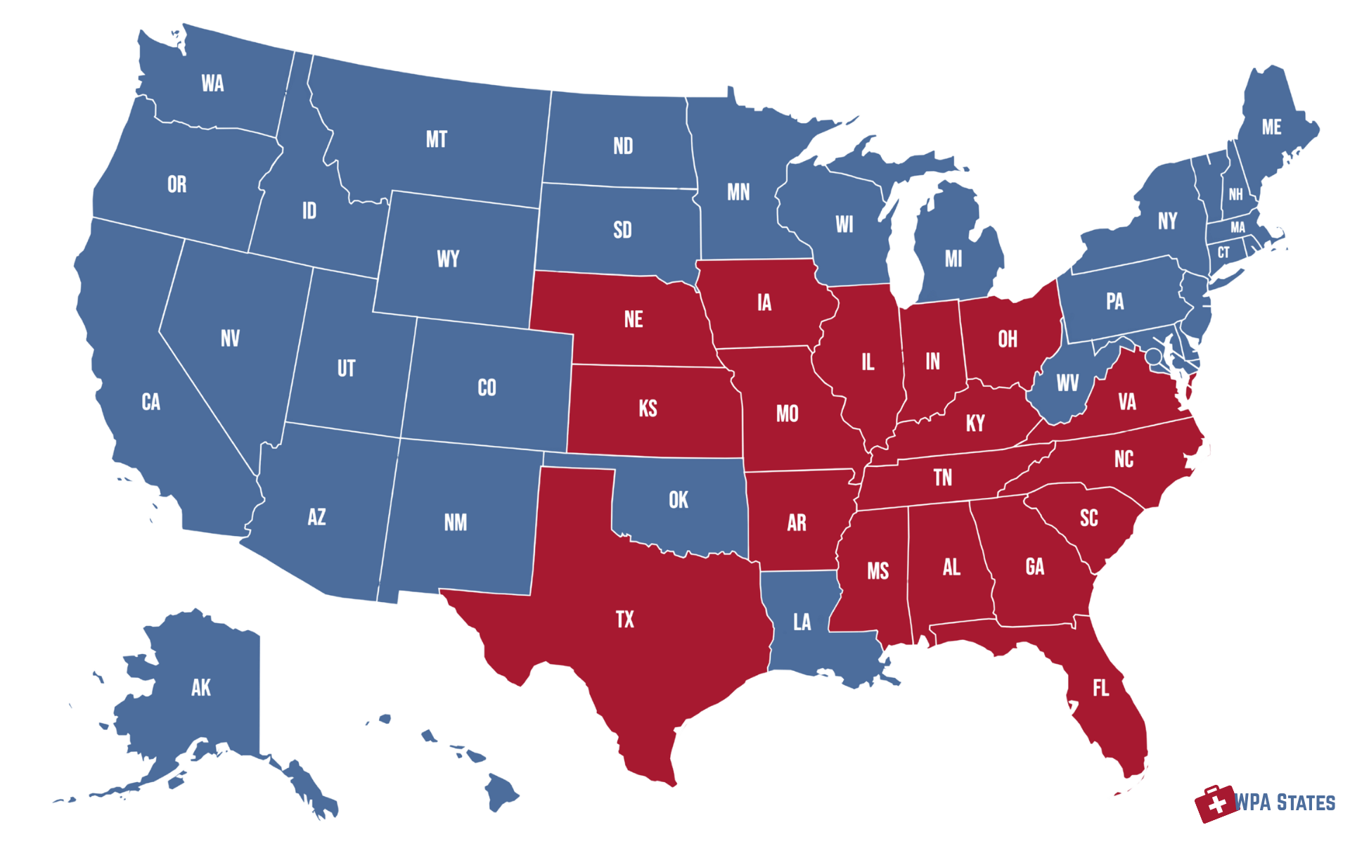 Map of the United States showing states in blue and red, with the red states being Nebraska, Kansas, Missouri, Iowa, Illinois, Indiana, Ohio, West Virginia, Virginia, North Carolina, South Carolina, Georgia, Florida, Alabama, Mississippi, Arkansas, Texas, Oklahoma, Tennessee, Kentucky, and Delaware.