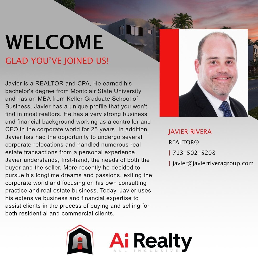 WELCOME TO Ai 🔥🚀 Javier joins the team with an impressive background and MBA from Keller Graduate School.  Javier has extensive business and financial expertise from his years as CFO and his CPA background to the Ai Realty team!  Welcome 💯