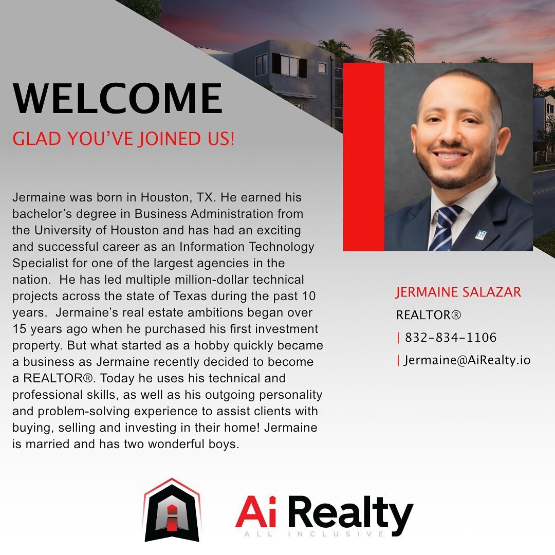 WELCOME TO Ai 🔥🚀 @jermaine.salazar has a Bachelor&rsquo;s Degree in Business Administration and an extensive background in I.T.  Joins us with a super positive mindset to grow as a REALTOR and Investor in the industry! Let&rsquo;s Get it! 💯 
&bull