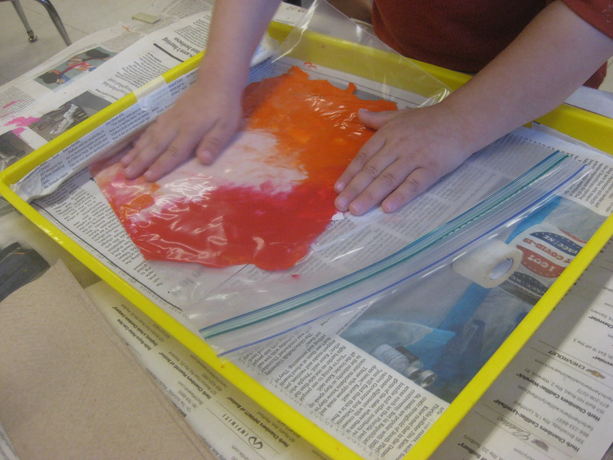 Pushing the paint in a zip-lock bag requires hand strength.
