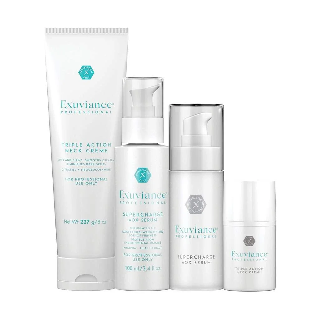 Exuviance Professional products, including Triple Action Neck Creme and Supercharge AOX Serum