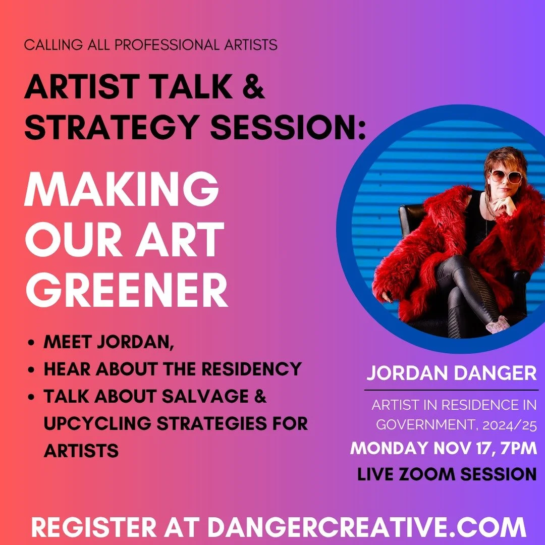 Calling all professional artists! I am hosting an artist talk and strategy session next week. Join me to:
-Hear about my year spent as the Artist In Residence In Government
-Talk about how we can incorporate more salvage/upcycling in our art,
-Hear h