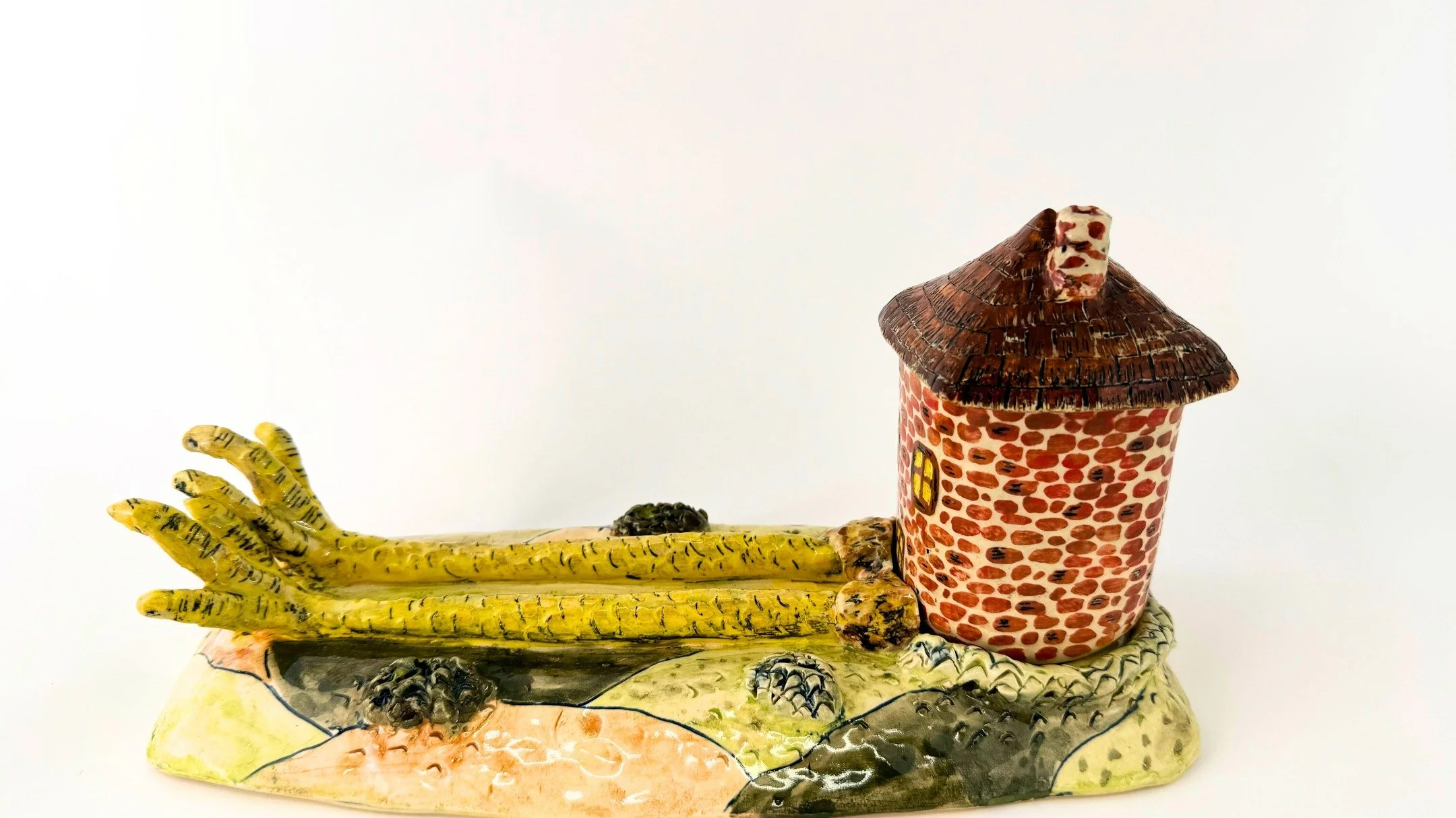 Babayaga cup and saucer: this little guy just brings me so much joy. The legs hold oreos in between, and the lid of the cup lets steam out! #pottery #babyaga #witch