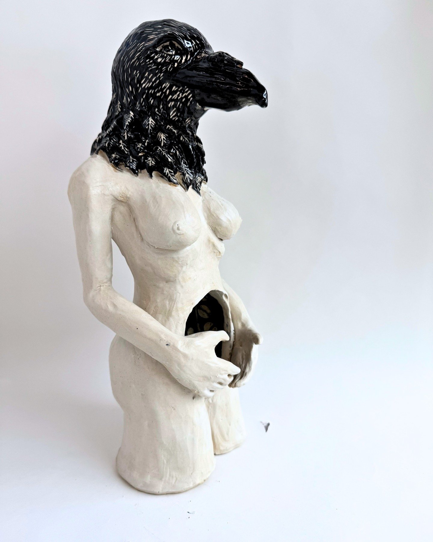 "Holding the Space". Jordan Danger, 2025. 

A deeply personal piece, a meditation on my painful journey with endometriosis. The crow head symbolizes my efforts to embody wisdom while making existential decisions about what my next step for 