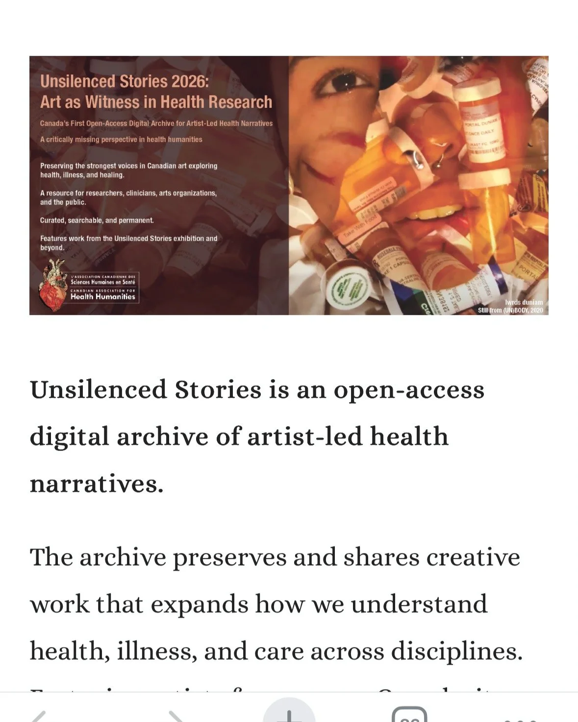Two of my pieces will be included in this online exhibition of work, curated by the Canadian Association of Health Humanities and Club SAW.

"Unsilenced Stories" is a digital archive of artist health narratives. All the works in this collec