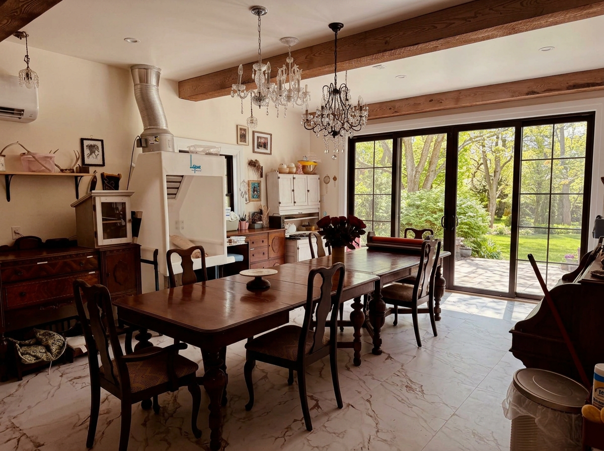 Dining room with a large wooden table and six chairs, a vase of flowers, chandelier lights, large sliding glass door opening to a lush green outdoor yard, and vintage furniture and decor.