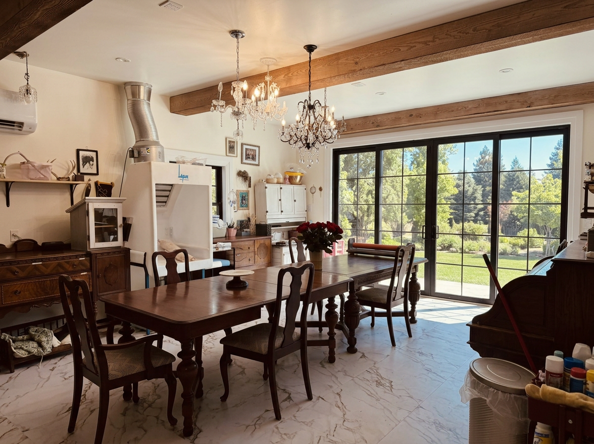 A dining room with a large wooden table surrounded by six chairs, two chandeliers hanging from the ceiling, a large sliding glass door leading to a backyard with trees, and vintage-style furniture and decor.