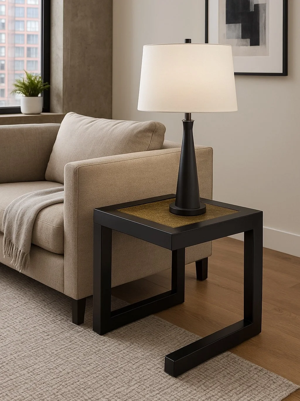 Crafted from matte black steel and topped with painted glass, the Muba Side Table exudes luxury, refinement and passion in every detail. Inspired by the optical illusions created by geometric shapes, this side table plays with perception, offering a 