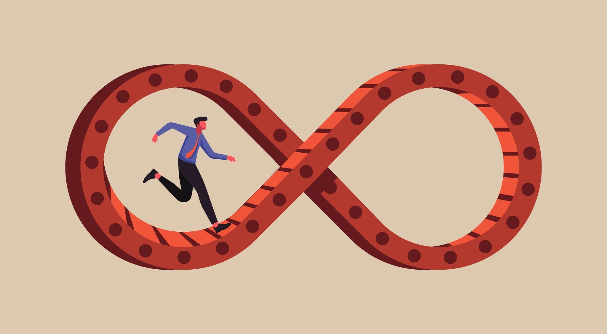 An image of the infinity sign with a male running inside it capturing the perfectionism trap