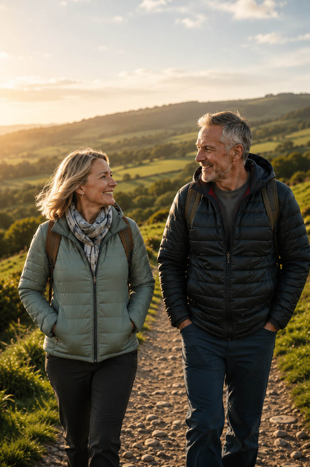 Couple enjoying a walk in the Blackdown Hills, Somerset, with the man wearing a discreet hearing aid.