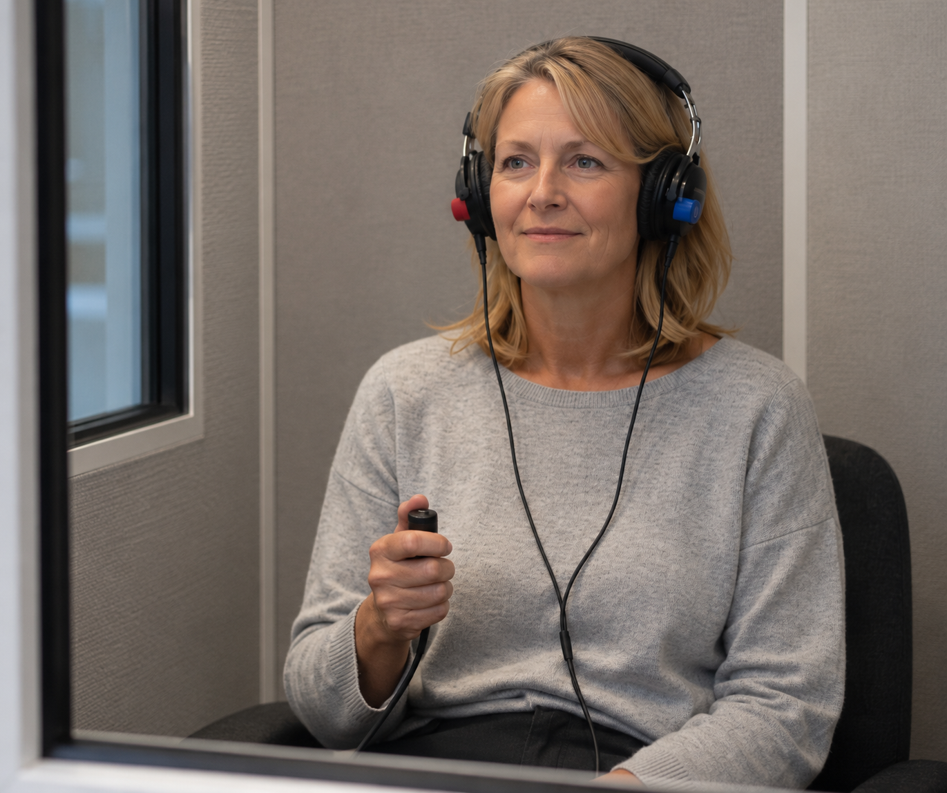 Woman in her 50s having a hearing test in a sound booth, wearing headphones and holding a response button.