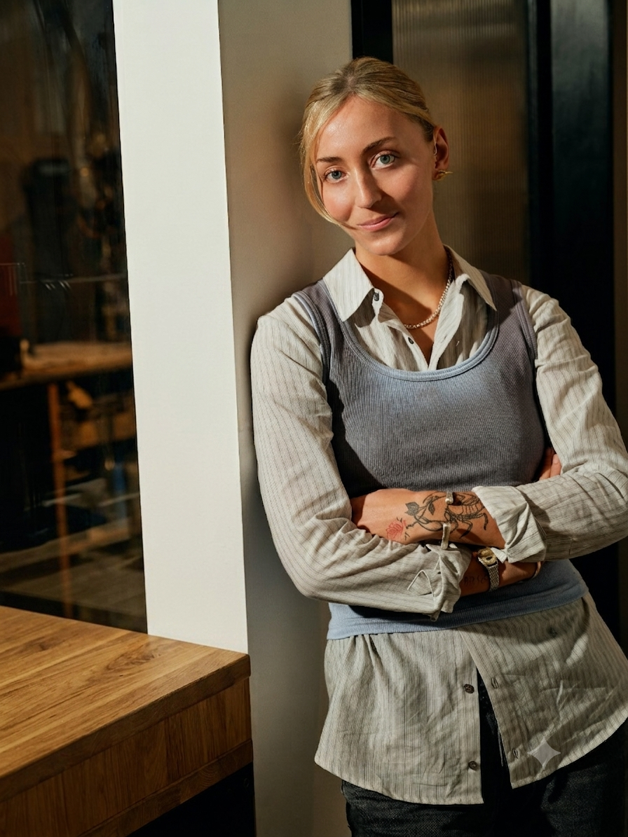 A young woman with blonde hair in a low bun leans against a white column with arms crossed. She wears a behind-the-ear hearing aid, a grey ribbed vest over a pinstriped button-down shirt, and has line art tattoos on her forearm.