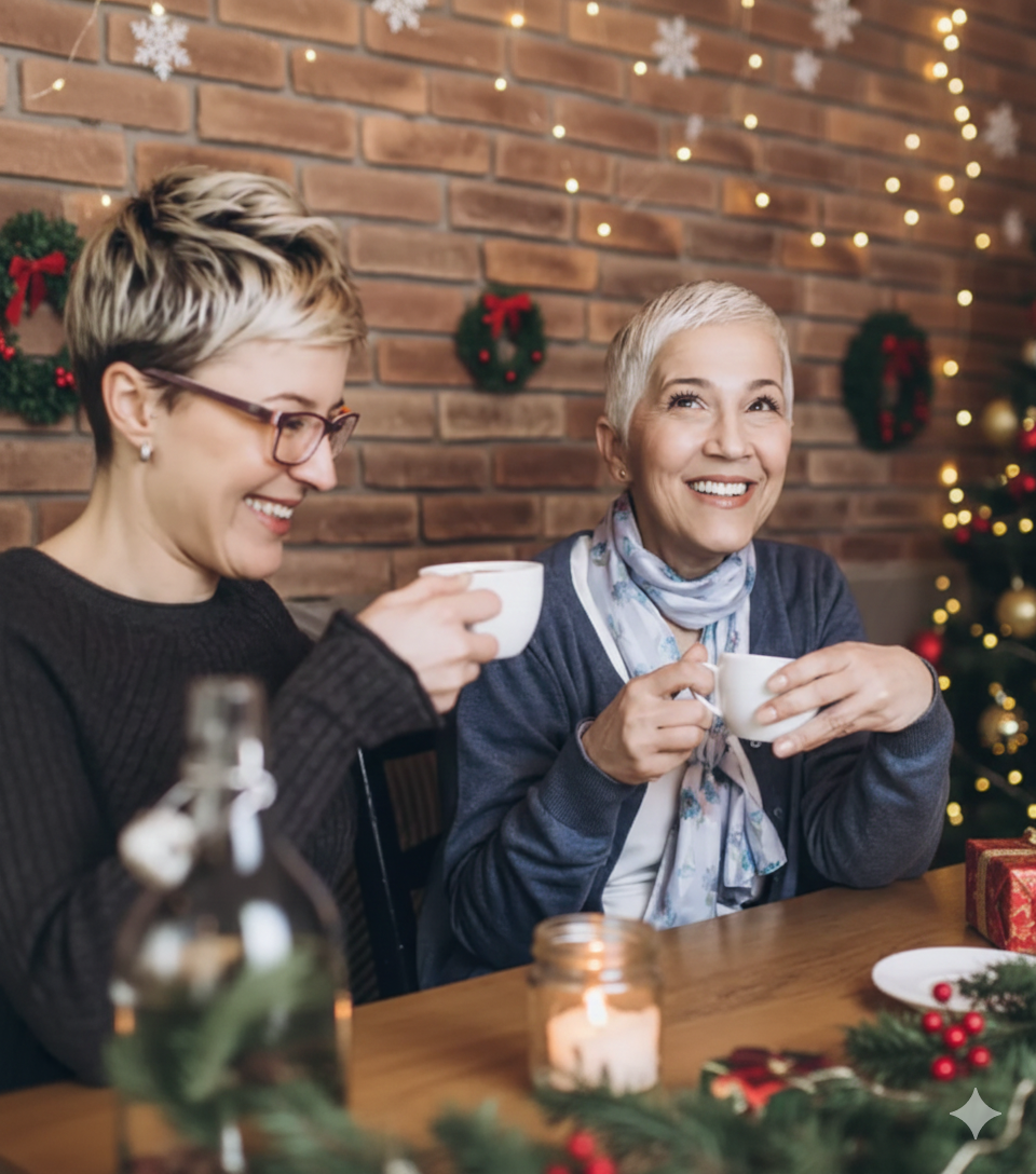 Happy women enjoying conversation over coffee – illustrating the benefits of expert hearing care and clearer hearing from Blackdown Hearing in Taunton, Somerset.
