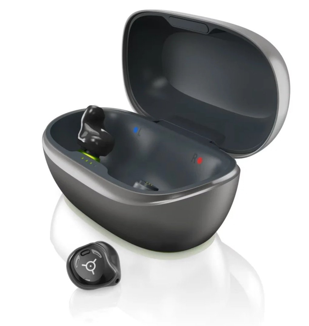 Photo of rechargeable hearing aids in the charger