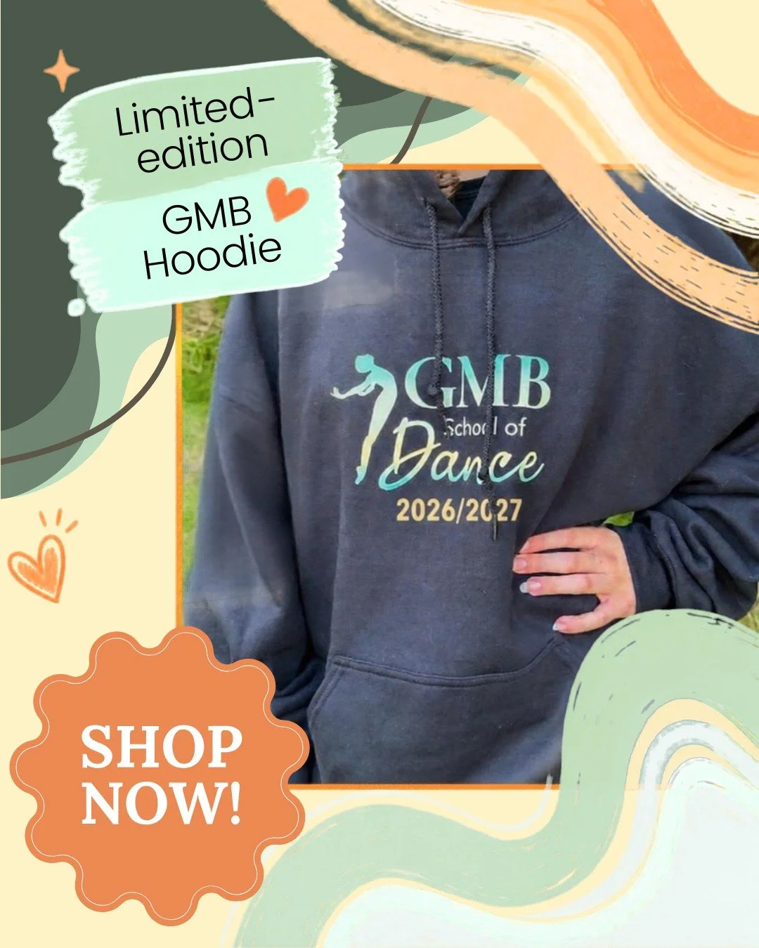 ✨ GMB swag orders close tomorrow, October 10! ✨

Tanks, tees, sweatpants and hoodies&mdash;including our limited-edition 2026/2027 GMB Hoodie!

To order, log in to your GMB Dance Portal, head to the Shop and click GMB Swag.

Place your order today an
