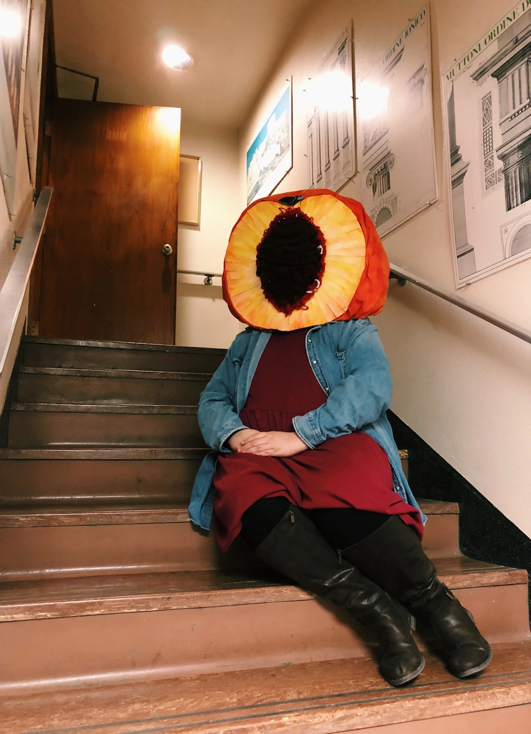 "just peachy", peach head wearable sculpture, 2017