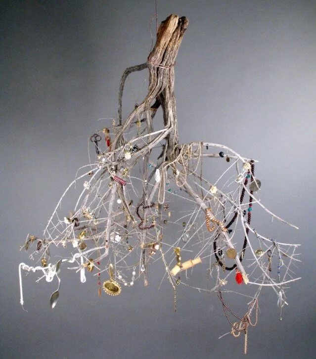 "the attired and disattired", heirloom and found jewelry on found tree branch, 2014
