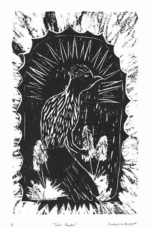 "St. Roadie", woodcut relief, 15"x11", 2017