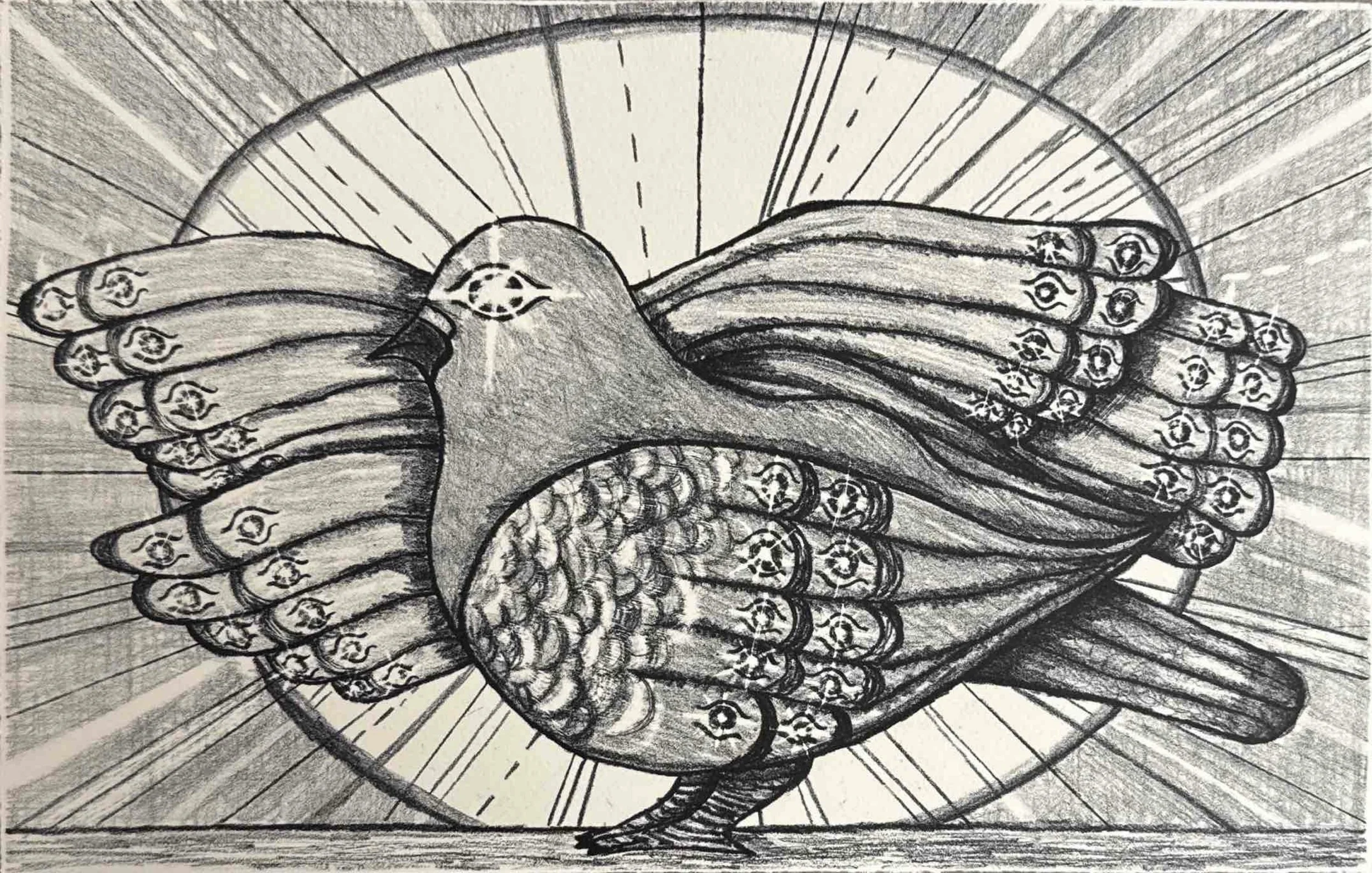 "birds aren't real, they're angels", stone lithograph, ~8.5"x13", 2025