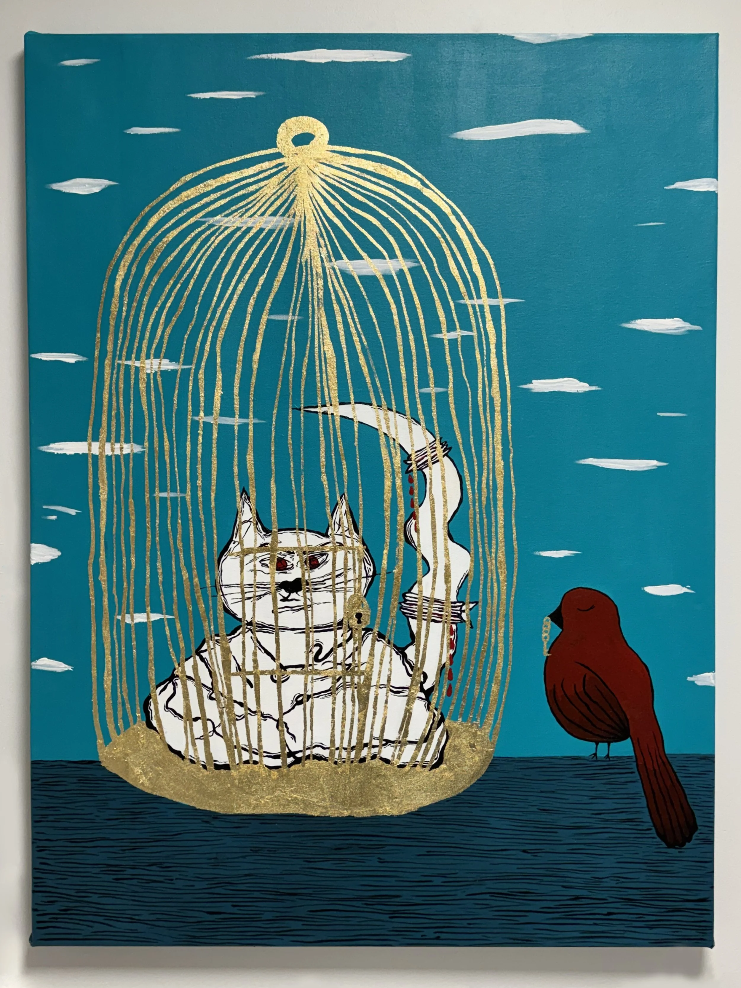 "sometimes the bird wins", acrylic on canvas with gold leaf details, 48"x36", 2025
