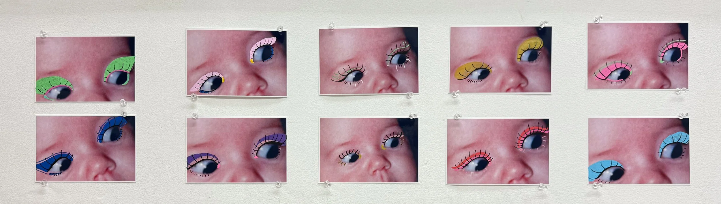 "looky loo", acrylic paint pen makeup on inkjet photos of childhood eyes, series of 10, 4"x6" each, 2024