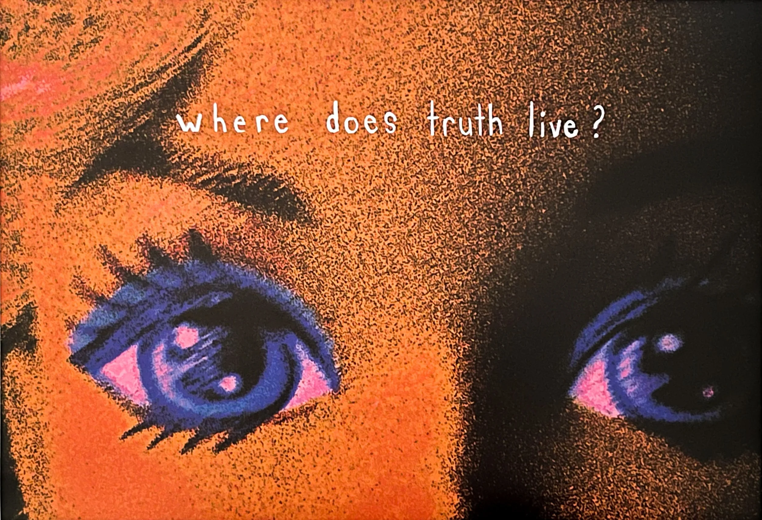 "where does truth live?", silkscreen text on inkjet photograph, 13"x19", 2022
